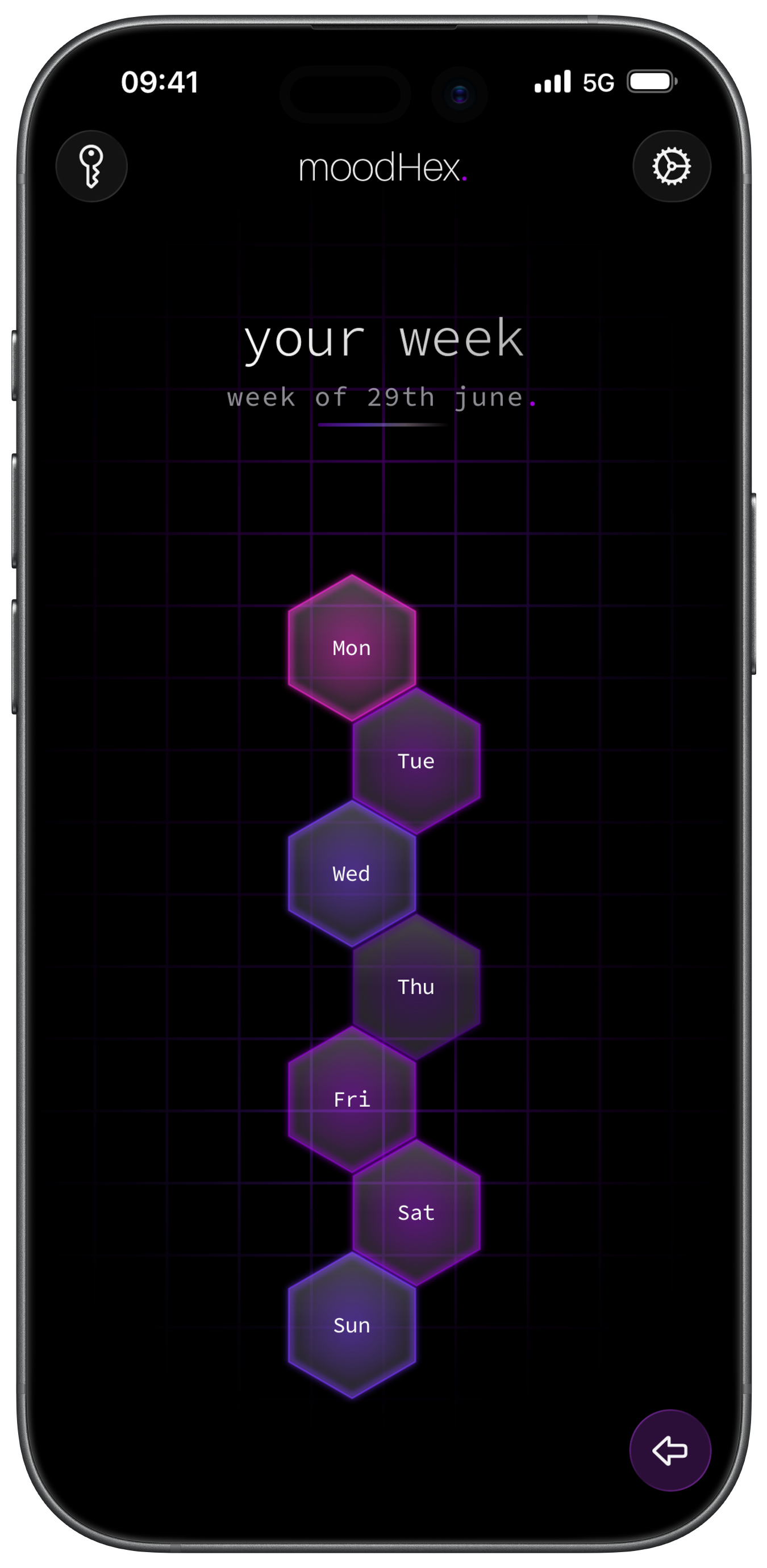 moodHex showing a week of mood entries on an iPhone